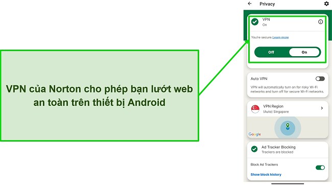 Ảnh chụp m&agrave;n h&igrave;nh VPN của Norton Mobile Security khi được kết nối