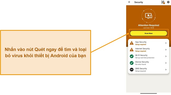 Ảnh chụp m&agrave;n h&igrave;nh hiển thị c&aacute;ch bắt đầu qu&eacute;t trong Norton Mobile Security