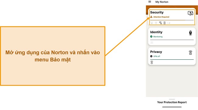 Ảnh chụp m&agrave;n h&igrave;nh hiển thị c&aacute;ch mở menu Bảo mật trong Norton Mobile Security