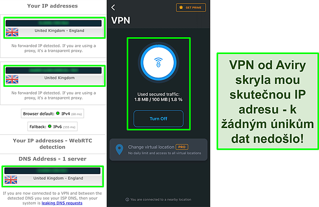 Sn&iacute;mek obrazovky VPN společnosti Avira spojen&yacute; s v&yacute;sledky testu &uacute;niku IP, kter&yacute; neukazuje ž&aacute;dn&eacute; &uacute;niky dat.