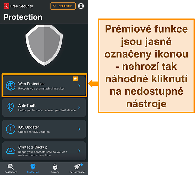 Sn&iacute;mek obrazovky aplikace Avira pro iOS se zv&yacute;razněnou ikonou pr&eacute;miov&eacute; funkce.