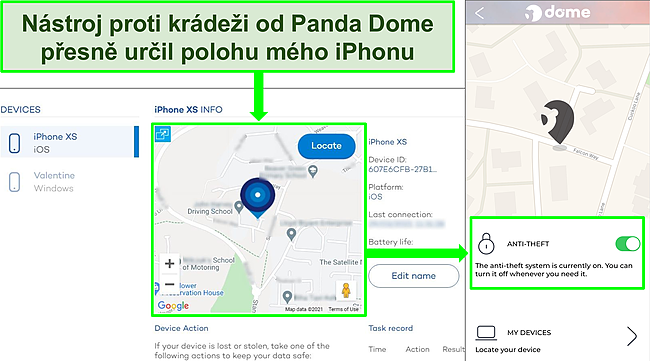Sn&iacute;mek obrazovky n&aacute;stroje proti kr&aacute;deži Panda aktivn&iacute;ho v aplikaci pro iOS s přesnou polohou zobrazenou na webov&yacute;ch str&aacute;nk&aacute;ch zař&iacute;zen&iacute; Panda.