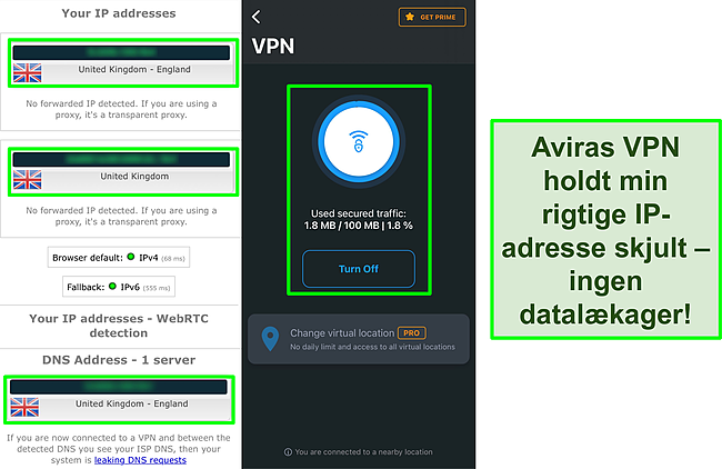 Sk&aelig;rmbillede af Aviras VPN forbundet med resultaterne af en IP-l&aelig;kagetest, der ikke viser datal&aelig;kager.