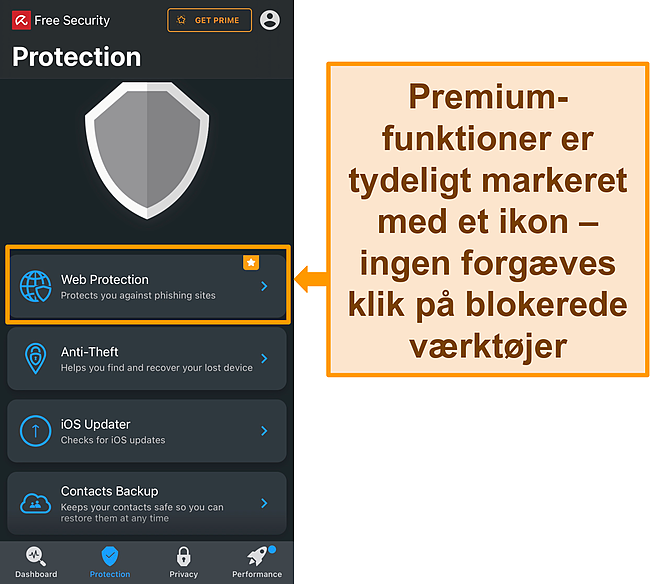Sk&aelig;rmbillede af Aviras iOS-app med premium-funktionsikon fremh&aelig;vet.