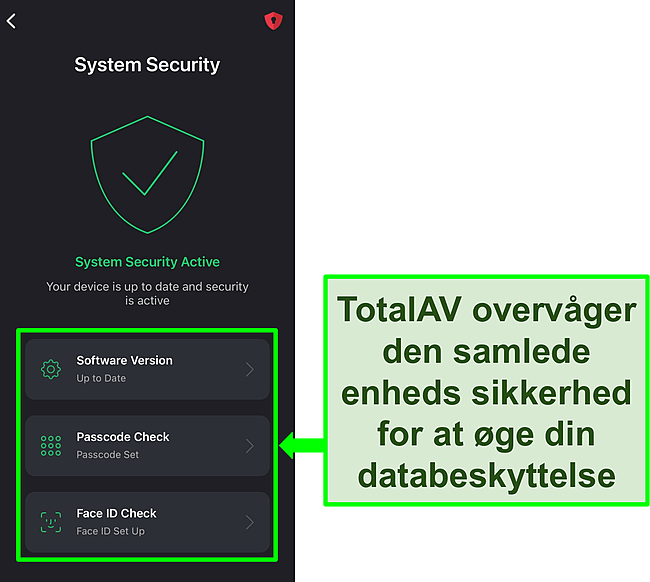 Sk&aelig;rmbillede af TotalAVs iOS-app med systemsikkerhedsfunktion &aring;ben og sikkerhedsv&aelig;rkt&oslash;jer fremh&aelig;vet.