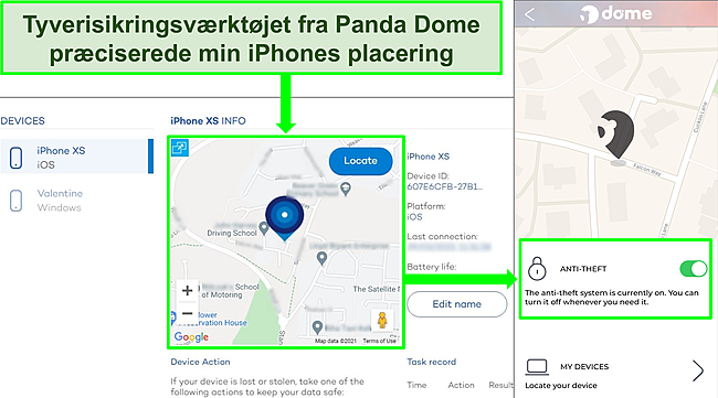 Sk&aelig;rmbillede af Pandas anti-tyveriv&aelig;rkt&oslash;j, der er aktivt p&aring; iOS-appen med den pr&aelig;cise placeringsvisning p&aring; Pandas enhedsplaceringswebsted.