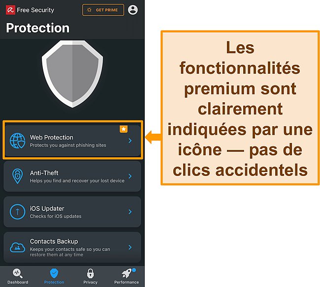 Capture d'&eacute;cran de l'application iOS d'Avira avec l'ic&ocirc;ne de fonctionnalit&eacute; premium en surbrillance.
