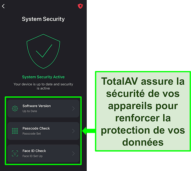 Capture d'&eacute;cran de l'application iOS de TotalAV avec la fonction de s&eacute;curit&eacute; du syst&egrave;me ouverte et les outils de s&eacute;curit&eacute; mis en &eacute;vidence.