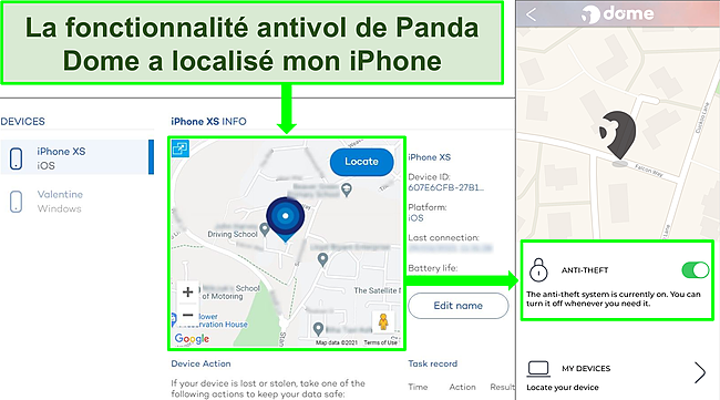 Capture d'&eacute;cran de l'outil antivol de Panda actif sur l'application iOS avec l'affichage de l'emplacement pr&eacute;cis sur le site Web de localisation de l'appareil de Panda.