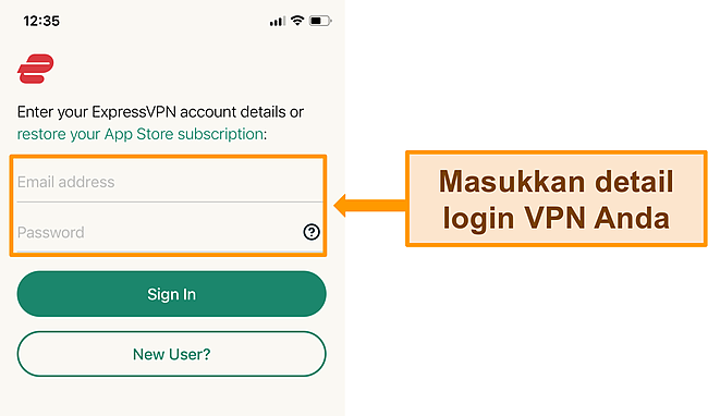 Cuplikan layar aplikasi iPhone ExpressVPN di layar masuk.