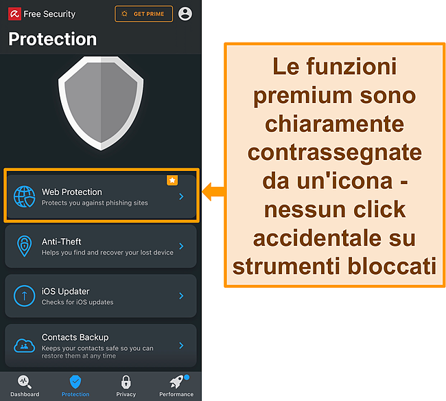 Screenshot dell'app iOS di Avira con l'icona delle funzionalit&agrave; premium evidenziata.
