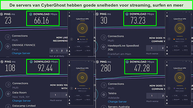 Screenshot van Ookla-snelheidstests uit Frankrijk, Duitsland, de VS en Australi&euml; met downloadsnelheden voor CyberGhost-servers.