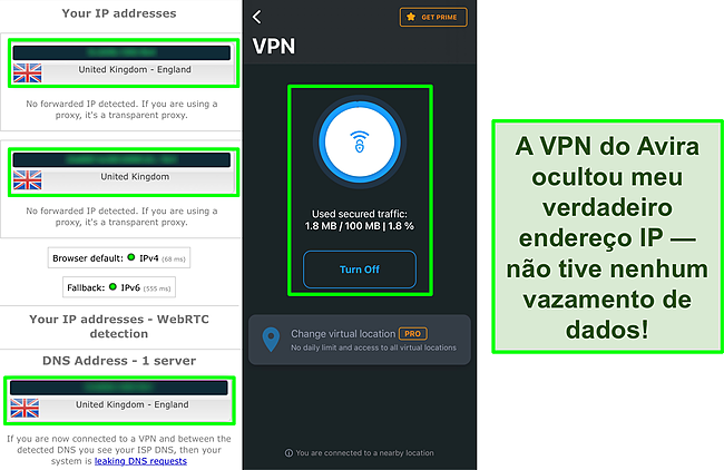 Captura de tela da VPN da Avira conectada aos resultados de um teste de vazamento de IP que n&atilde;o mostra vazamentos de dados.