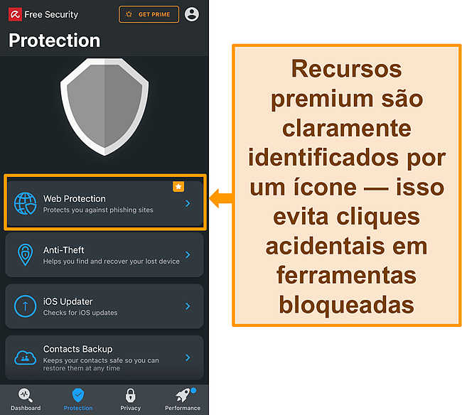 Captura de tela do aplicativo iOS da Avira com o &iacute;cone de recurso premium destacado.