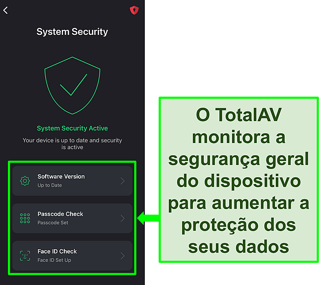 Captura de tela do aplicativo iOS da TotalAV com o recurso System Security aberto e ferramentas de seguran&ccedil;a destacadas.