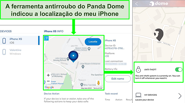 Captura de tela da ferramenta antirroubo da Panda ativa no aplicativo iOS com a exibi&ccedil;&atilde;o precisa da localiza&ccedil;&atilde;o no site de localiza&ccedil;&atilde;o do dispositivo da Panda.