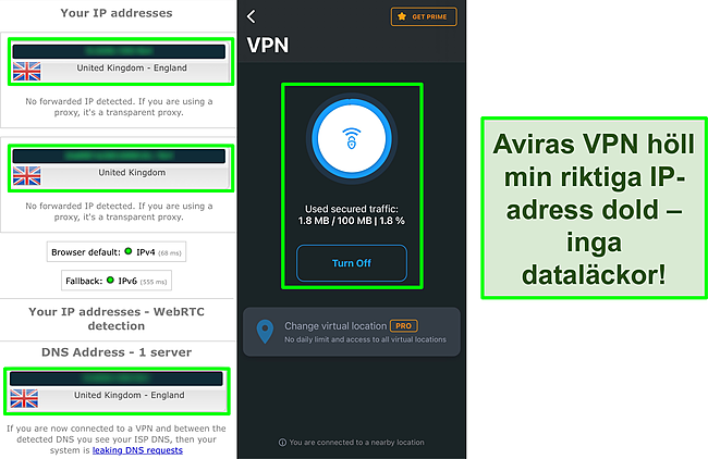 Sk&auml;rmdump av Aviras VPN kopplat till resultaten av ett IP-l&auml;ckagetest som inte visar n&aring;gra datal&auml;ckor.