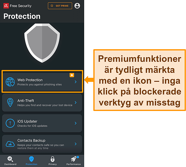 Sk&auml;rmdump av Aviras iOS-app med premiumfunktionsikonen markerad.