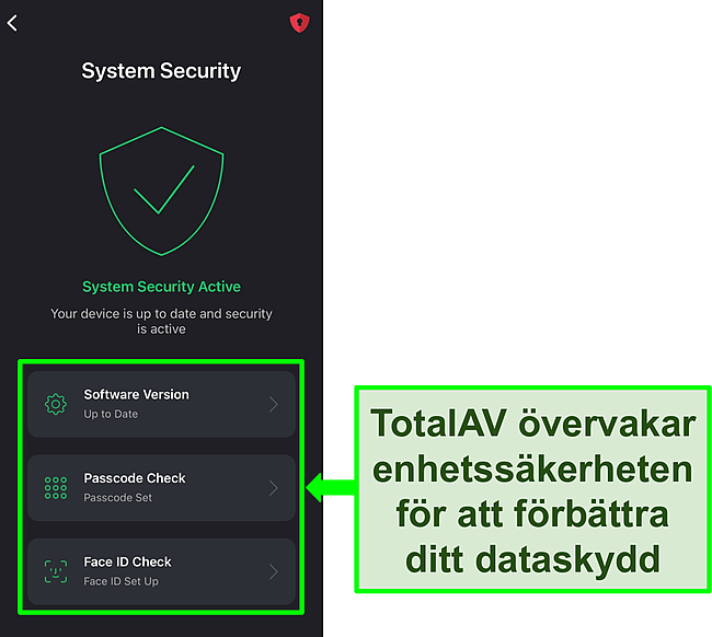 Sk&auml;rmdump av TotalAVs iOS-app med systems&auml;kerhetsfunktionen &ouml;ppen och s&auml;kerhetsverktyg markerade.