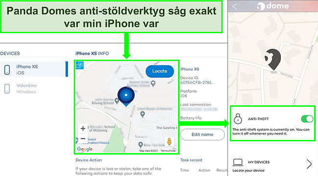 Sk&auml;rmdump av Pandas st&ouml;ldskyddsverktyg som &auml;r aktivt i iOS-appen med exakt platsvisning p&aring; Pandas enhetsplatswebbplats.