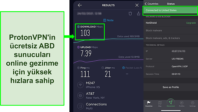 Proton VPN &uuml;cretsiz ABD sunucularından birine bağlanıldığında Ookla hız testi sonucunun ekran g&ouml;r&uuml;nt&uuml;s&uuml;.