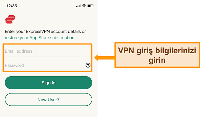 Giriş ekranında ExpressVPN'in iPhone uygulamasının ekran g&ouml;r&uuml;nt&uuml;s&uuml;.