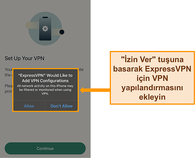 VPN yapılandırmalarına izin vermek i&ccedil;in izin isteyen ExpressVPN'in iOS uygulamasının ekran g&ouml;r&uuml;nt&uuml;s&uuml;.