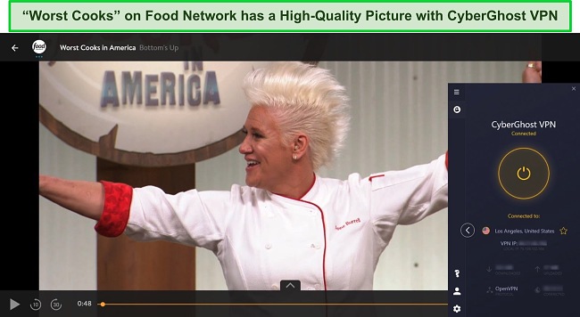 Screenshot of "Worst Cooks in America" on Food Network with CyberGhost VPN connected to an optimized server