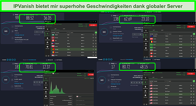 Screenshot von 4 Geschwindigkeitstests w&auml;hrend einer Verbindung mit verschiedenen IPVanish-Servern.