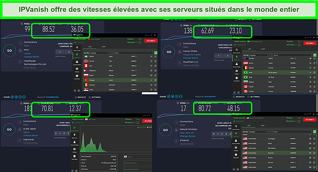Capture d'&eacute;cran de 4 tests de vitesse en &eacute;tant connect&eacute; &agrave; divers serveurs IPVanish.
