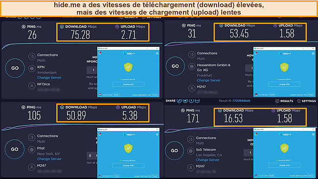 Capture d'&eacute;cran des r&eacute;sultats des tests de vitesse de hide.me aux Pays-Bas, en Allemagne et aux &Eacute;tats-Unis.