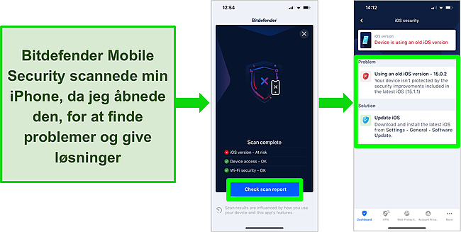 Sk&aelig;rmbillede af Bitdefender Mobile Security til iOS og scanningsresultaterne p&aring; appen, der viser en for&aelig;ldet iOS-version.