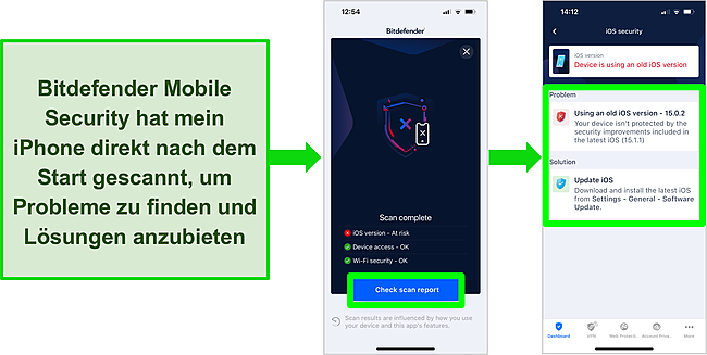 Screenshot von Bitdefender Mobile Security f&uuml;r iOS und die Scan-Ergebnisse der App zeigen eine veraltete iOS-Version.