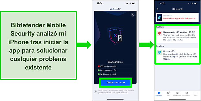 Captura de pantalla de Bitdefender Mobile Security para iOS y los resultados del an&aacute;lisis en la aplicaci&oacute;n que muestran una versi&oacute;n de iOS desactualizada.