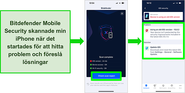Sk&auml;rmdump av Bitdefender Mobile Security f&ouml;r iOS och skanningsresultaten p&aring; appen som visar en f&ouml;r&aring;ldrad iOS-version.