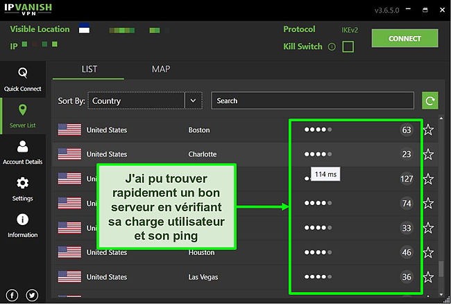 Capture d'&eacute;cran des d&eacute;tails du serveur IPVanish.