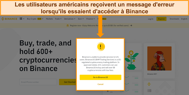 Capture d'&eacute;cran du message d'erreur Binance redirigeant les utilisateurs am&eacute;ricains vers Binance.US.
