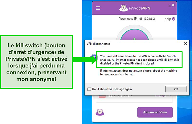Capture d'&eacute;cran de la bo&icirc;te de dialogue du commutateur d'arr&ecirc;t Internet VPN priv&eacute;.