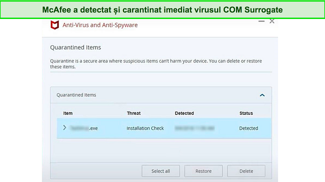 Captură de ecran care arată fișierul malware &icirc;n carantină McAfee