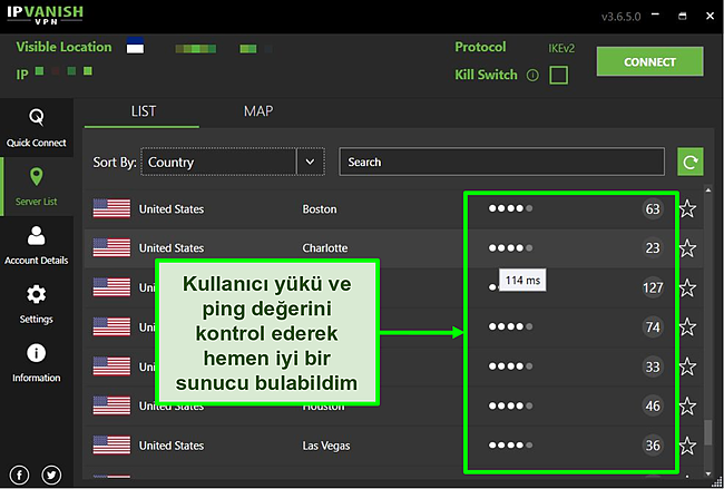 IPVanish sunucu ayrıntılarının ekran g&ouml;r&uuml;nt&uuml;s&uuml;.