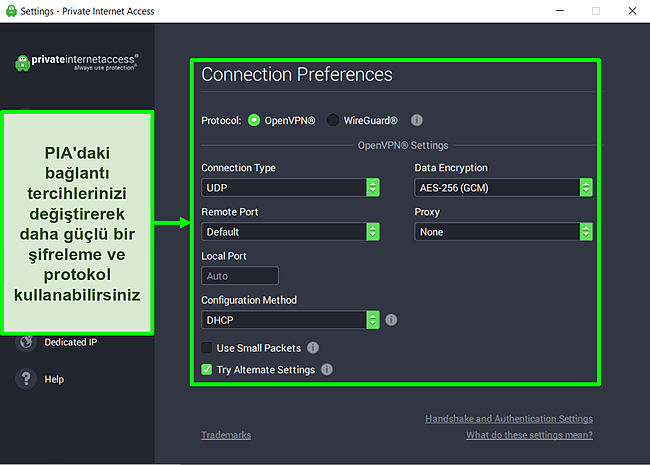 PIA'nın &ouml;zelleştirilebilir ayarlarının ekran g&ouml;r&uuml;nt&uuml;s&uuml;.