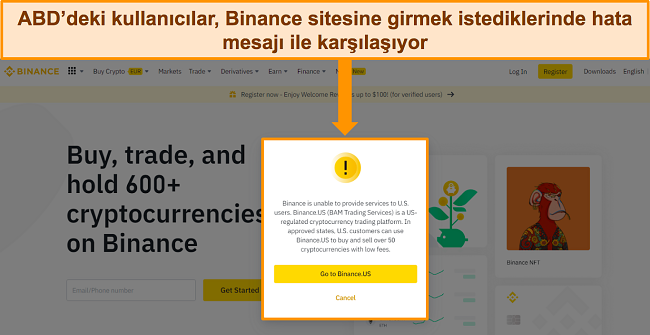 ABD kullanıcılarını Binance.US'a y&ouml;nlendiren Binance hata mesajının ekran g&ouml;r&uuml;nt&uuml;s&uuml;.
