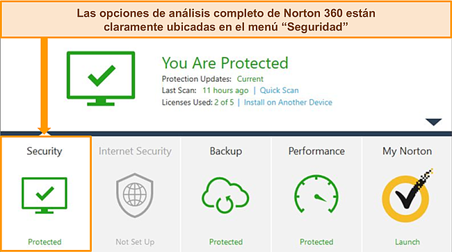 Captura de pantalla de la aplicaci&oacute;n de Windows de Norton 360 con las opciones de seguridad resaltadas.