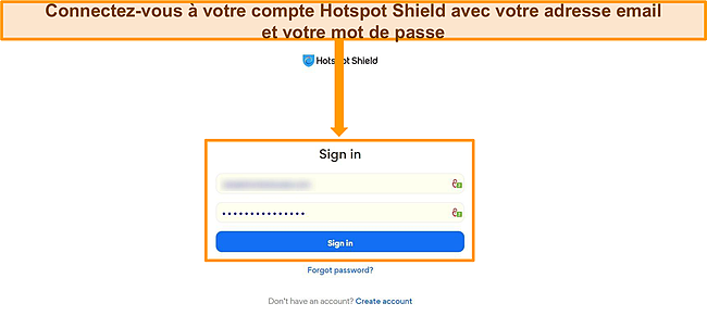 Capture d'&eacute;cran de l'&eacute;cran de connexion de Hotspot Shield.