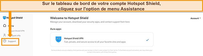 Capture d'&eacute;cran du tableau de bord du compte de Hotspot Shield avec l'option Support en surbrillance.