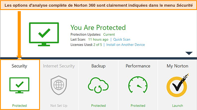 Capture d'&eacute;cran de l'application Windows de Norton 360 avec les options de s&eacute;curit&eacute; en surbrillance.