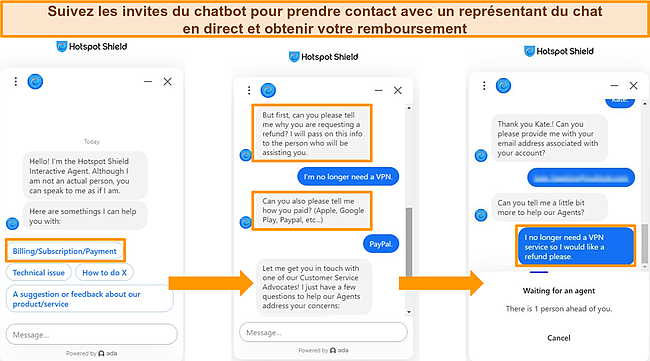 Capture d'&eacute;cran des interactions du chatbot de Hotspot Shield.