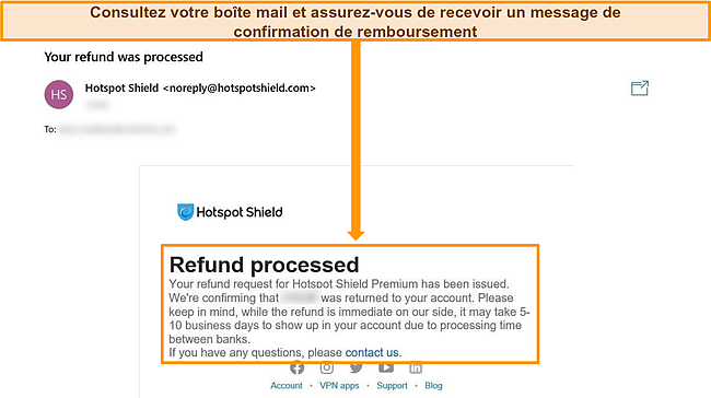 Capture d'&eacute;cran d'un e-mail de confirmation de remboursement de Hotspot Shield.