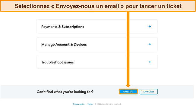 Capture d'&eacute;cran du menu d'assistance sur le site Web Hotspot Shield.