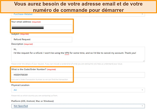 Capture d'&eacute;cran du formulaire de ticket par e-mail Hotspot Shield pour remboursement.
